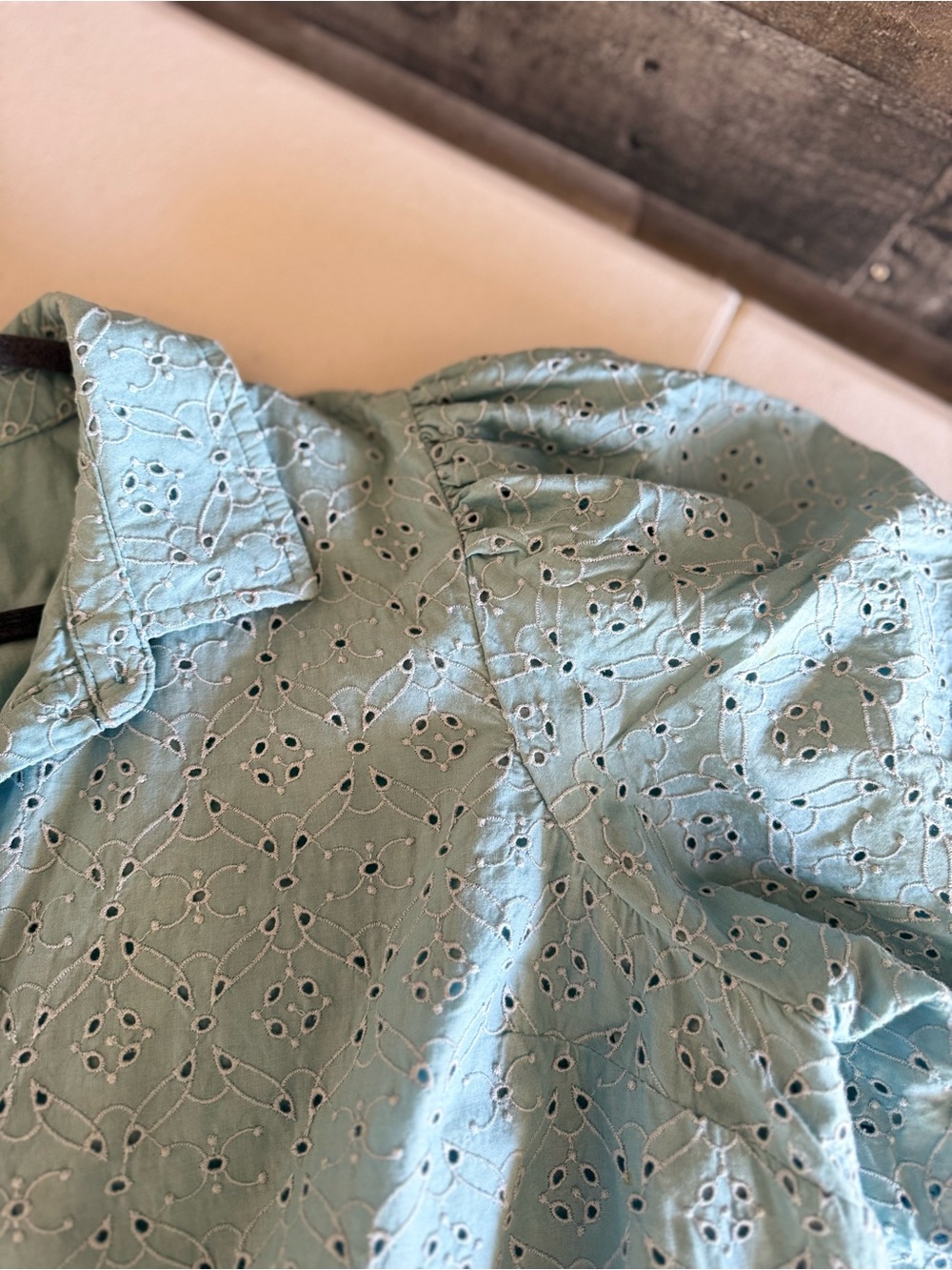 Light Blue Eyelet Shirt Mini Dress with Tie Waist - Picture 9 of 12